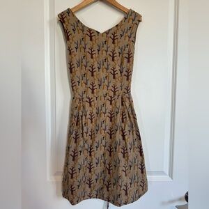 SM Wardrobe tree forest dress tan with blue and brown, size medium, tie